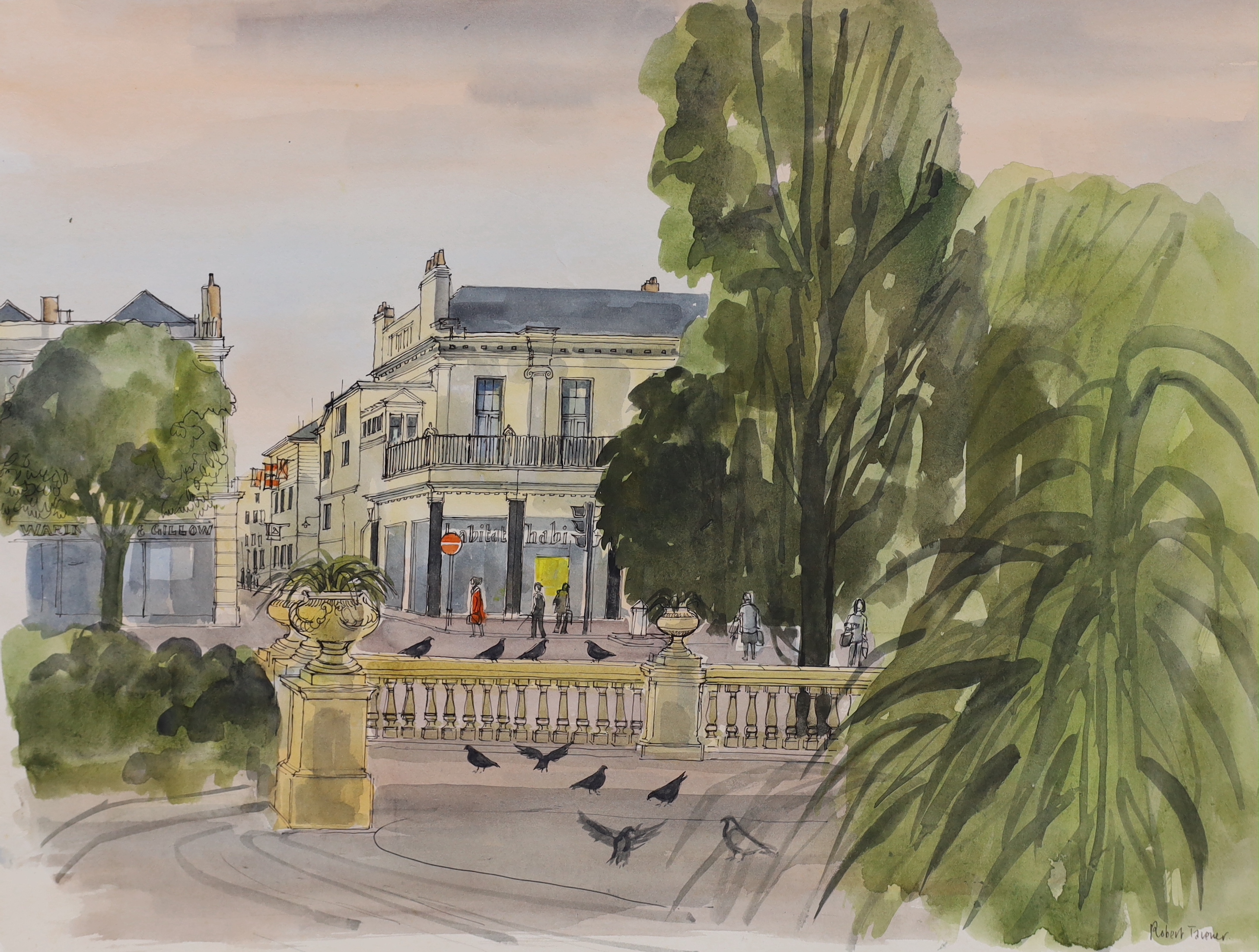 Robert Tavener (1920-2004) two ink and watercolours, Cheltenham street scenes, signed, largest 47 x 43cm